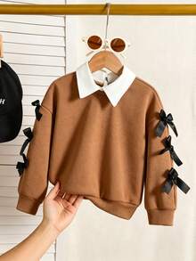 SHEIN Genkimix Kids Young Girl And Young Girl 休閒灰色 3D 蝴蝶結彼得潘領衛衣，秋冬款，適合搭配各種外套、鋪棉夾克、夾克、長褲與裙子，適用於日常穿著與各種休閒場合 - 棕色 - 查看 1