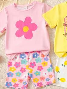 SHEIN 1套女童幼兒套裝，甜美可愛花卉、檸檬與彩虹蜜蜂印花短袖圓領上衣與短褲套裝，適合春/夏季外出、度假、上學、假日 - 彩色 - 查看 3