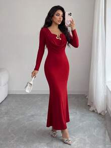 Modelyn 女式纯色垂坠领长袖修身优雅连衣裙 - 酒紅色 - 查看 5