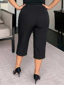 Dazy Plus Plus Size Solid Color Loose Straight Leg Casual Black Pants, All Season Long Style Summer - Black - View 2