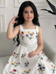 Tween Girl Spring/Summer Casual Vacation Elegant Vintage Floral Print Square Neck Patchwork Ruched Hem Dress White Tween Girl - White - View 5