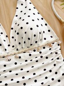 Soleia Plus Size White Polka Dot Print Knit Halter Neck Shell Tassel Decor Tank Top - Black and White - View 4