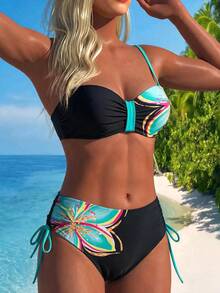 SHEIN Swim Women's Summer Vacation Beach Sexy Floral Push-Up Underwire Detachable Thin Strap Ruched Bandeau Bikini Top With High Waist Side Drawstring Bikini Bottoms Bikini Set Set - Multicolor - View 3