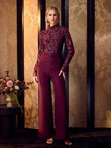 MOTF PREMIUM ELEGANT SLIMMING HOLLOW LACE PATCHWORK LONG SLEEVE WOMEN JUMPSUIT - Red Violet - View 5