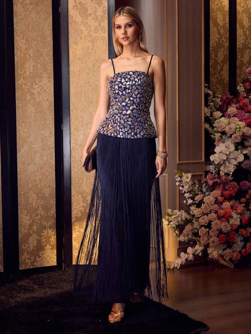 MOTF Soiréza ELEGANT WOMEN'S SPAGHETTI STRAP SEQUIN BODICE FRINGE MAXI DRESS FOR PARTY EVENING GOWN, WEDDINGS