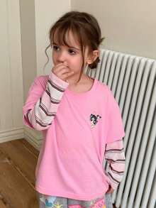 THE POWERPUFF GIRLS X DAZY Young Girl Color Block Striped Long Sleeve 2 In 1 Autumn T-Shirt - Baby Pink - View 7