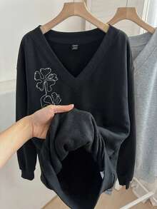 SHEIN LUNE 女款休閒V領抓絨衛衣2件套，適合秋冬，現代都市時尚商務休閒辦公穿搭，低調老錢風 - 彩色 - 查看 7