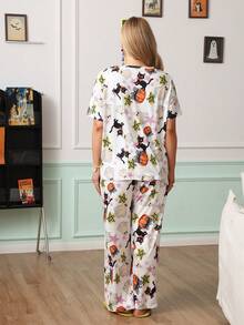 Chillnights Plus Size Women's Halloween Ghost & Pumpkin Print Short Sleeve & Long Pants Pajama Set - Multicolor - View 2