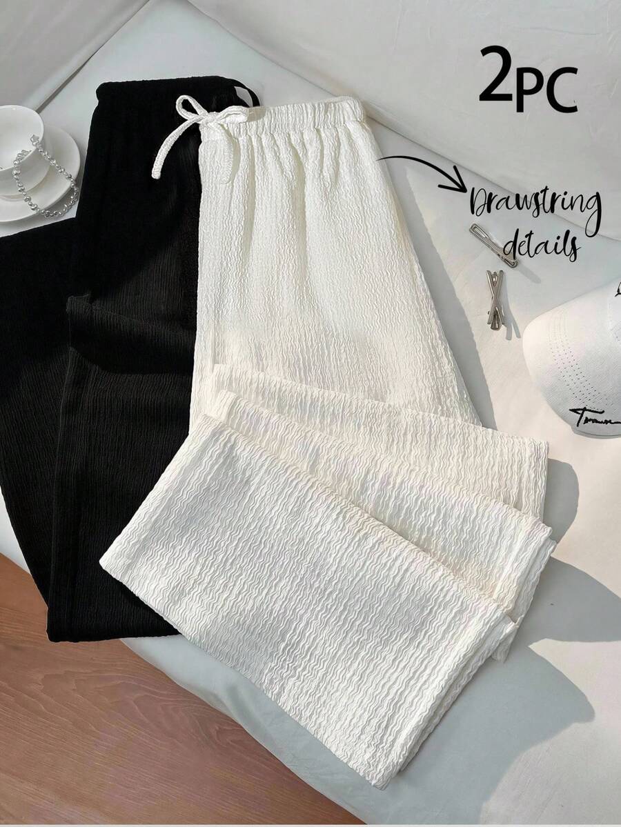 SHEIN 青少年女孩春/秋新款經典紋理布料黑白設計極簡休閒通勤百搭法式時尚寬鬆長褲 - 黑與白 - 查看 1