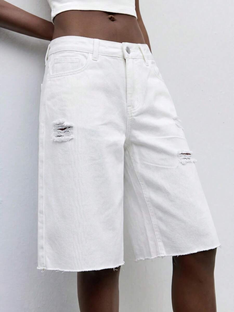 Maija Women's Summer Casual Versatile Solid Color Distressed Denim Shorts, Versatile Jeans, White Denim, Ripped Jeans, Casual, Commuter, Holiday, Festival. - White - View 1