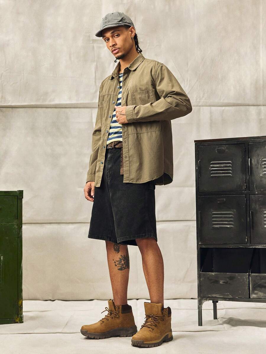 Norleigh Men's Summer Black Wide Leg Denim Shorts, Fashionable Casual Cargo Pants - Black - View 1