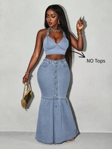 Slaydiva Women's Single Button Pocket Fisherman Style Casual Denim Mid-Length Skirt - Light Wash - View 8