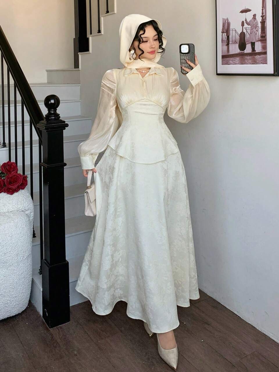 Satin Patchwork Waist Cinched Midi Dress For Women,Wedding Brunch Guest Dress Women Sundress Wedding White Autumn Elegant Sequin