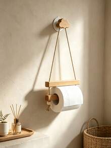1pc Toilet Paper Holder Wall Mount - No Drilling Wooden Tissue Holder For Bathroom, Adjustable Rope Toilet Roll Holder With Cloud Hook - Multicolor - View 7