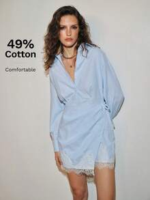 MOTF PREMIUM Đầm sơ mi cotton kẻ sọc phối ren patchwork phong cách Urban, màu xanh trắng, kiểu Pháp thanh lịch, phù hợp cho brunch mùa thu và đi du lịch - Màu xanh lam - Xem 2