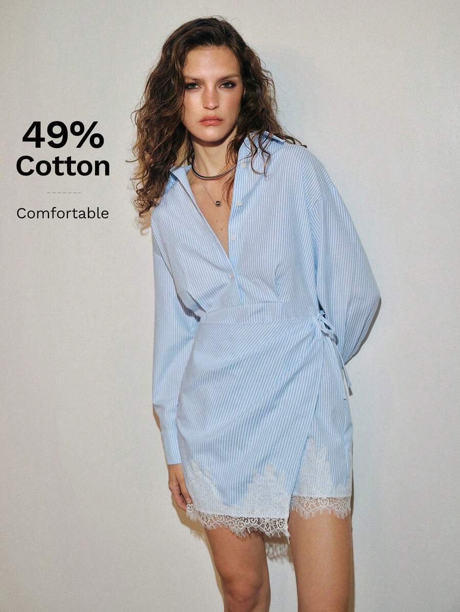 MOTF PREMIUM Đầm sơ mi cotton kẻ sọc phối ren patchwork phong cách Urban, màu xanh trắng, kiểu Pháp thanh lịch, phù hợp cho brunch mùa thu và đi du lịch - Màu xanh lam - Xem 2