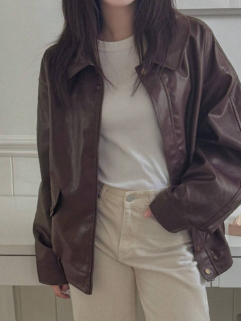 Women's Solid Color Loose Fit Lapel Long Sleeve Zipper Casual Street Vacation Spring Autumn PU Jacket Regular Fit