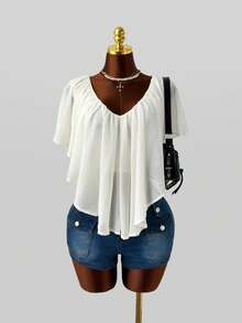 Sunspun American Street Style Sexy Pure Desire Round Neck Pullover Ruched Ruffle Asymmetrical Slightly Sheer Sleeveless Plus Size Blouse For Women - Apricot - View 1
