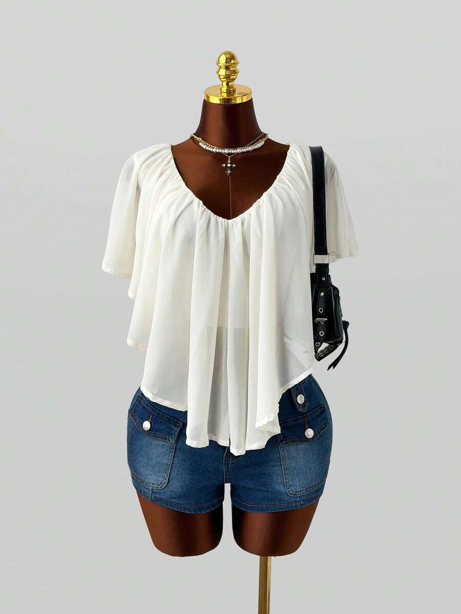 Sunspun American Street Style Sexy Pure Desire Round Neck Pullover Ruched Ruffle Asymmetrical Slightly Sheer Sleeveless Plus Size Blouse For Women - Apricot - View 1