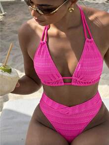 Swim Basics Conjunto de bikini de 2 piezas para damas, traje de baño de unicolor con tirantes de cuello halter sexy - Rosa Fucsia - Ver 1