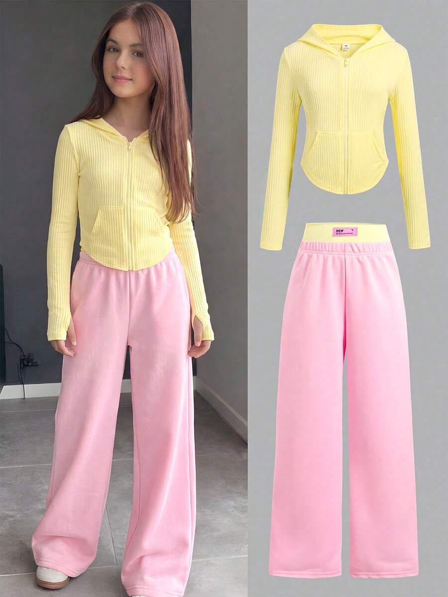 SHEIN Tween Girl Tween Girl 2-Piece Set Knitted Striped Casual Sports Hooded Zip-Up Long Sleeve Jacket And Color-Block Patchwork Logo Straight Wide Leg Knit Pants Set, Pale Yellow And Pink, Y2K Style - Yellow - View 1