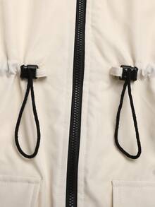 SHEIN Tween女孩秋冬休閒街頭風連帽拼接羅紋收腰口袋保暖內裡加厚中長版夾克外套，精緻優雅奶油白 - 杏色 - 查看 9