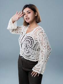SARA VAULT Vacation Casual Hollow Out Crochet Cardigan In Fall/Winter - Apricot - View 5