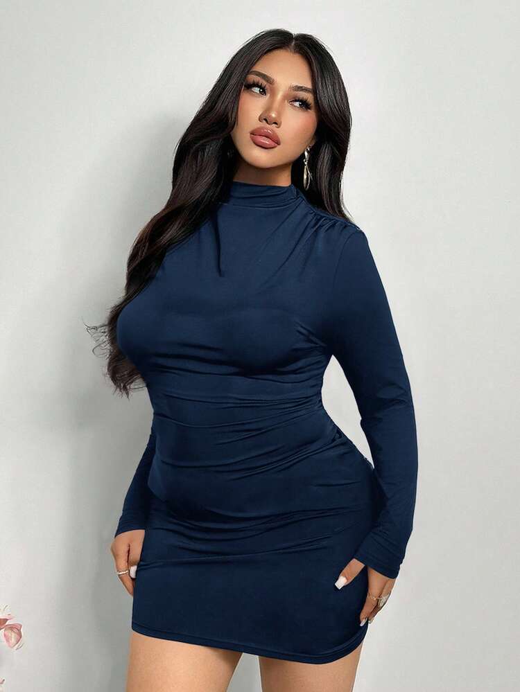 Firerie Plus Size Elegant Navy Blue Ruched Bodycon Mini Dress,Autumn Long Sleeve Curvy Curve Dress For Night Out Club,Commuter Formal Dinner Wedding Gala Fall