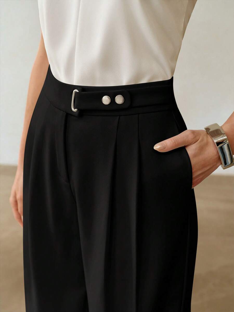 MOTF PREMIUM WOMEN'S MINIMALIST VERSATILE OFFICE COMMUTE SOLID COLOR PLEATED LOOSE WIDE LEG LONG PANTS - Black - View 2