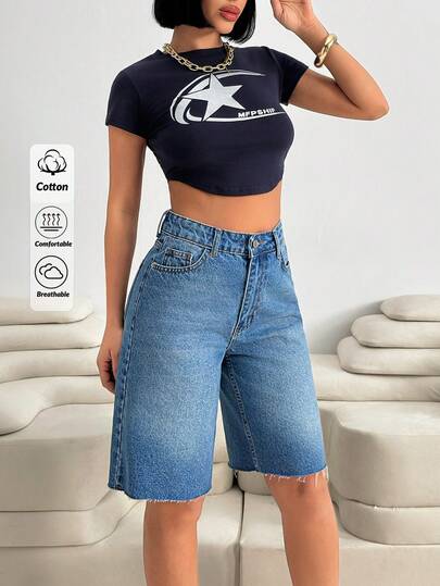 SHEIN 100%Cotton Rigid Medium Wash Women High Waist Mid-Length Relax Fit Casual Denim Shorts Curve
