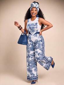 Brilight Elegant Tropical Summer Style For Women: Casual Printed Jumpsuit Featuring A Suspender-Pant Silhouette, White And Blue Floral Tea Party - Blue and White - View 4