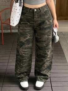 Dazy Plus Street Casual Camouflage Loose Long Pants With Back Letter Rhinestone Design, Long Denim Jeans, All Season Fall - Army Green - View 4
