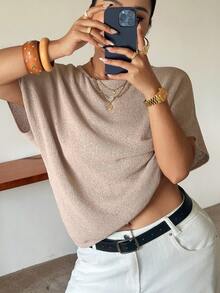 Dazy Plus Plus Size Solid Color Loose Cold Shoulder Short Sleeve Casual Vacation Spring/Autumn Lightweight Knit Top - Khaki - View 5