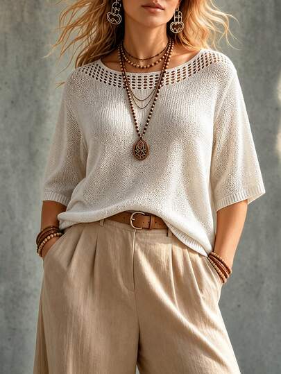 Ceyna Plus Size Women's Fashion Gentle Style Hollow Neck Mid-Sleeve Beige Pullover Sweater Summer New Casual Versatile Elegant Top