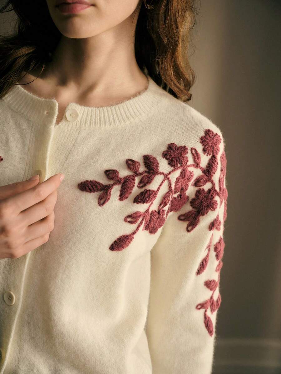 MOTF PREMIUM WOMEN'S ELEGANT ARTISTIC HEAVY EMBROIDERED KNIT CARDIGAN - Apricot - View 2