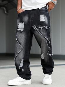 NEOSTRIT Men's American Street Style Distressed Patchwork Raw Edge Denim Jeans - Black - View 6