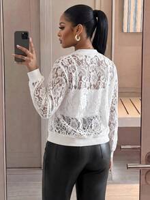 SHEIN Lady CURVE 大尺碼女款花卉蕾絲長袖前拉鍊棒球夾克 正式晚宴 全白 秋季 優雅哥德風 休閒派對 早晨穿搭 - 白色 - 查看 2