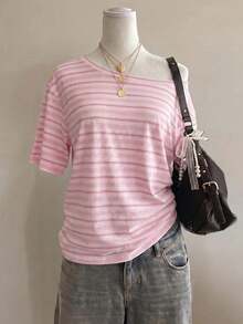 SHEIN EZwear 休閒簡約條紋粉色印花女款不對稱肩T恤 - 彩色 - 查看 3