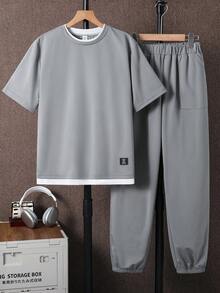 SHEIN 2件組青少年男孩休閒灰色拼色解構風2合1圓領短袖T恤與長褲套裝，附裝飾標籤，舒適面料，適合秋冬、學校、家庭聚會、開學季、生日派對、攝影、度假、假日，運動風，舒適易穿 - 灰色 - 查看 6