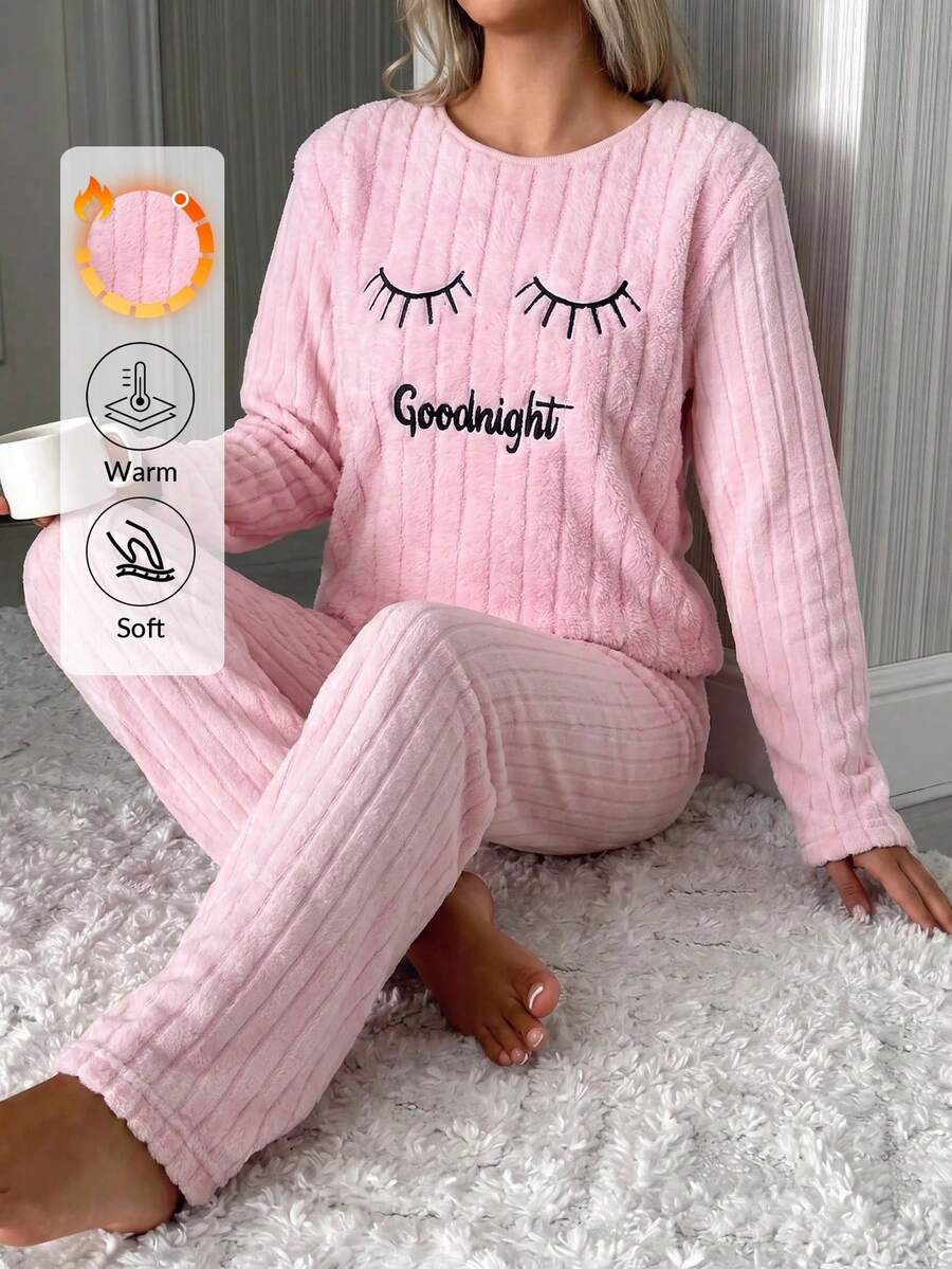 SHEIN Women 2pcs Pink Rib Knit& Fleece Eyelash Embroidery Long Sleeve Shirt & Long Pants Pajama Set