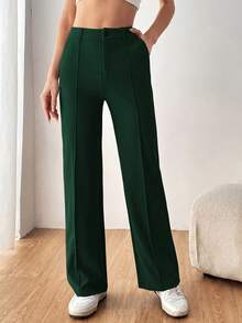 SHEIN EZwear 女款素色直筒西裝長褲 秋冬款 - 墨綠色 - 查看 3