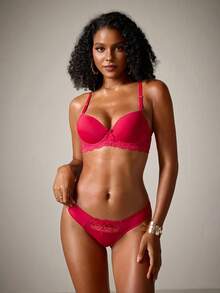 DreamPoppy Contrast Lace Super Push Up Bra & Panty Lingerie Set - Rose Red - View 3