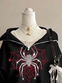 SHEIN EZwear 女款灰色寬鬆半拉鍊高領薄款套頭衛衣，胸前水鑽蜘蛛印花與花朵設計，加厚材質，適合秋冬穿著 - 黑色 - 查看 3