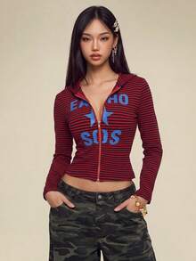 Rina Fox 女款秋季字母深紅色長袖拉鍊休閒街頭風 Y2K Grunge 運動衫，聖誕日常外出穿搭 - 紅色 - 查看 1
