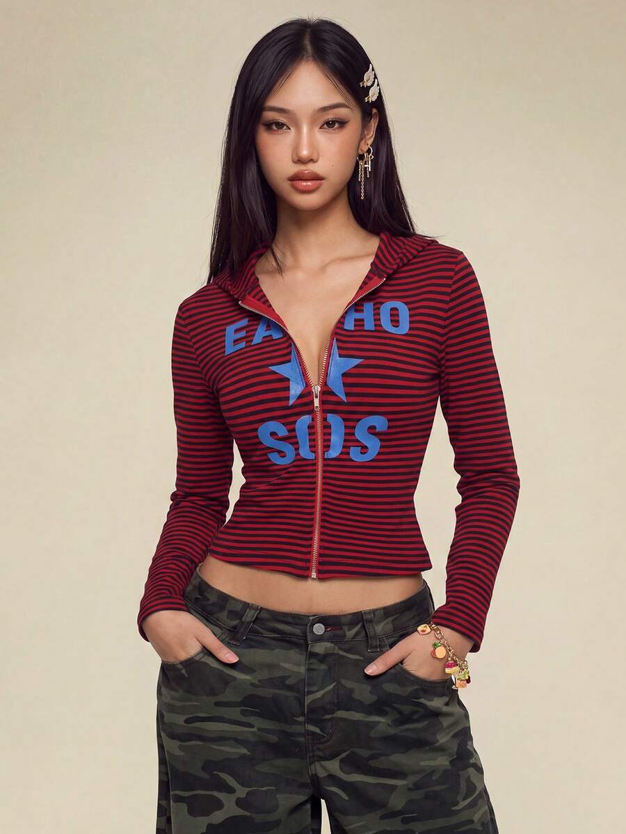 Rina Fox 女款秋季字母深紅色長袖拉鍊休閒街頭風 Y2K Grunge 運動衫,聖誕日常外出穿搭 - 紅色 - 查看 1