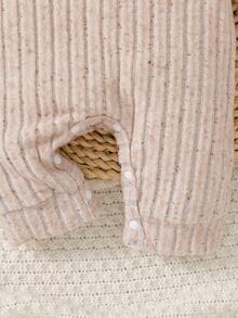 SHEIN Newborn Baby 2pcs Romper Set, Ribbed Long Sleeve Outfit With Rainbow Embroidery And Ear Beanie, Beige Minimalist Spring Autumn Infant Clothing - Apricot - View 7