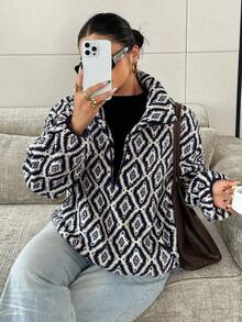 Dazy Plus Vintage Floral Pattern Plus Size Thermal Lined Thick Loose Long Sleeve Pullover Casual Streetwear Autumn/Winter Sweatshirt - Navy Blue - View 8