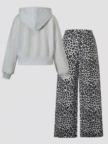 SHEIN 2件組青少年女孩灰色花卉連帽拉鍊開襟外套，寬落肩、羅紋腰部，時尚休閒設計運動衫搭配寬鬆舒適寬腿長褲套裝，休閒運動學院風，適合戶外、室內、運動、派對、學校及任何場合，春/秋/冬 - 彩色 - 查看 2