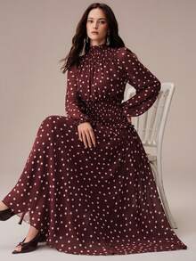 BELROSIE Autumn White Polka Dot Contrast Print Chiffon Shirred Waist Stand Collar Long Sleeve Full Skirt Women's Dress, Elegant Vintage Brunch Tea Party - Multicolor - View 1