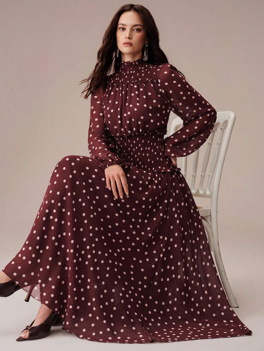 BELROSIE Autumn White Polka Dot Contrast Print Chiffon Shirred Waist Stand Collar Long Sleeve Full Skirt Women's Dress, Elegant Vintage Brunch Tea Party - Multicolor - View 1